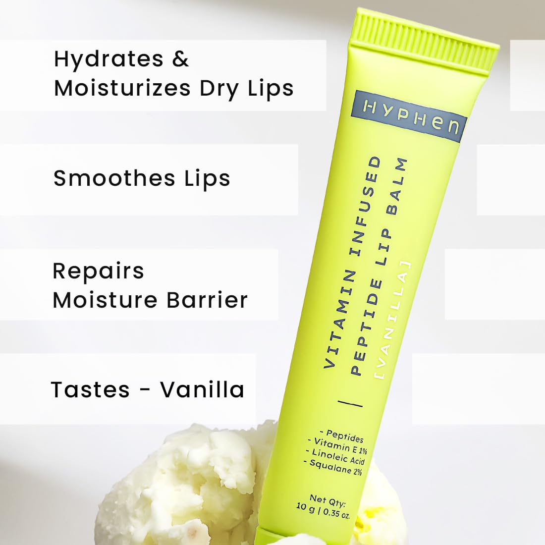 Hyphen lip balm tube with text highlighting benefits on a light background