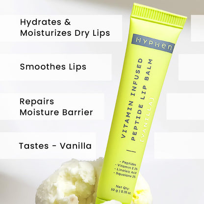 Hyphen lip balm tube with text highlighting benefits on a light background