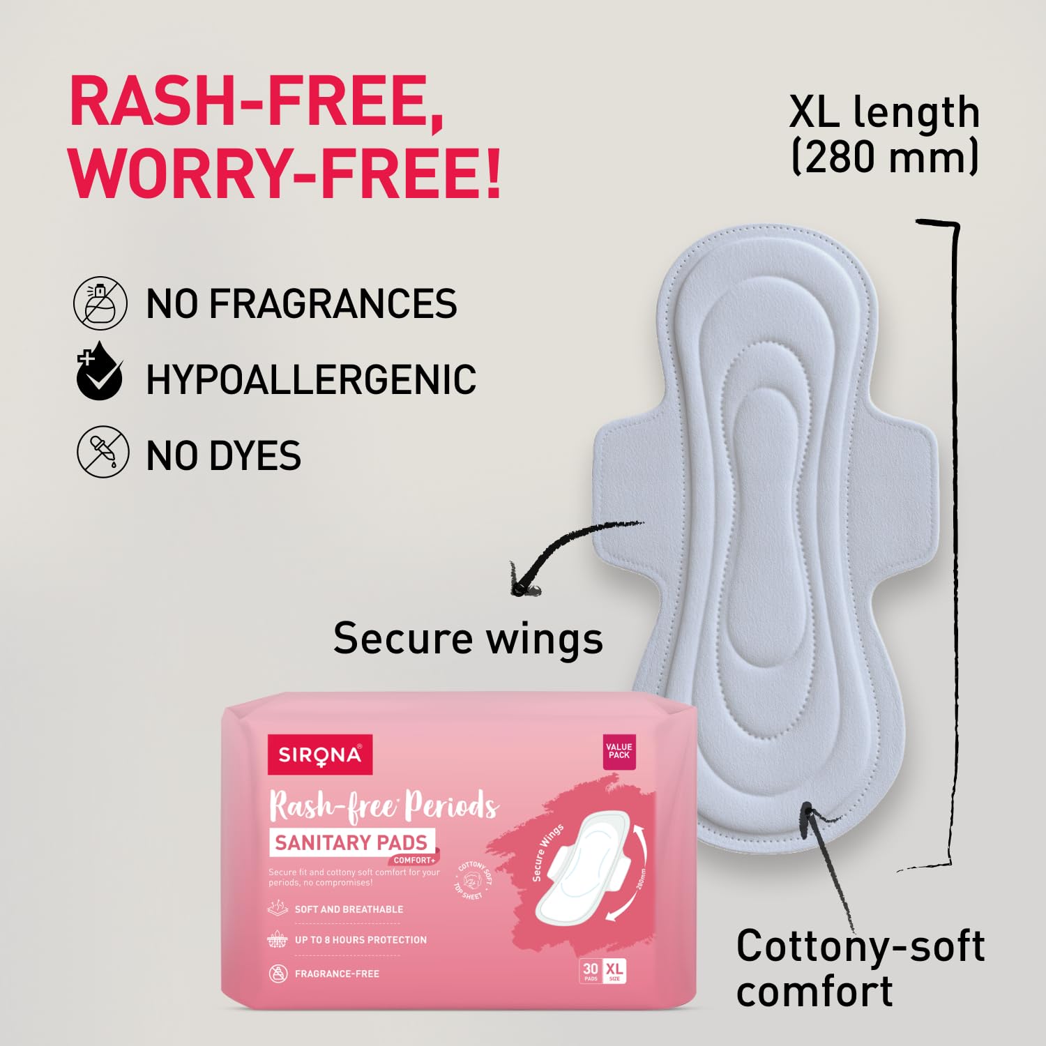 Sirona sanitary pad with packaging on a light beige background, highlighting features like no fragrances, hypoallergenic, and cottony-soft comfort.