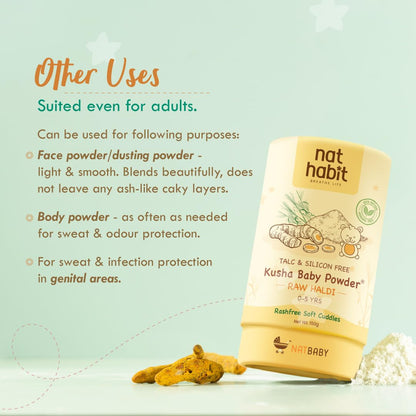 Nat Habit Everyday Talc Free Raw Haldi Kusha Baby Powder, Chemical Free & Rashfree, 0-5 Yrs - (150 g)