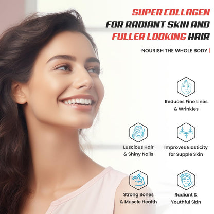 Woman with radiant skin and fuller hair, featuring text about super collagen benefits.