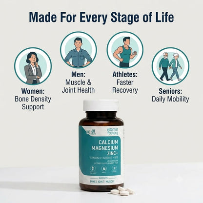 The Vitamin Factory Vitamin Factory Calcium Magnesium Zinc Tablets D3 K2 B12 | 60 Veg Tabs | 1000mg Calcium Citrate, gentle on stomach; bone, joint & muscle support for women & men; vegetarian, D3 K2 B12