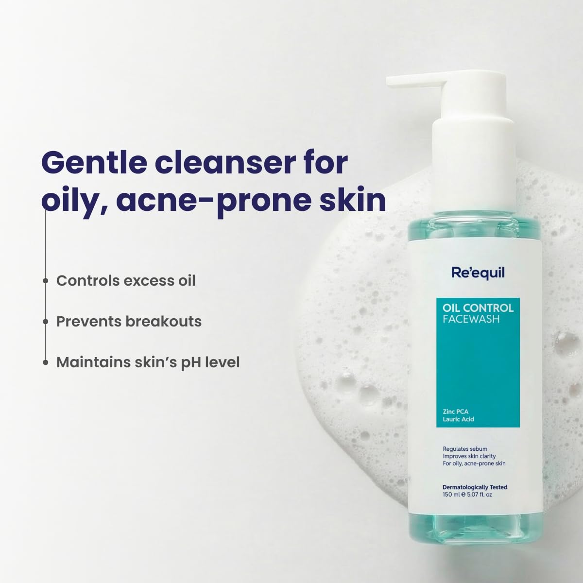 Reéguil oil control facewash bottle with text on a light gray background