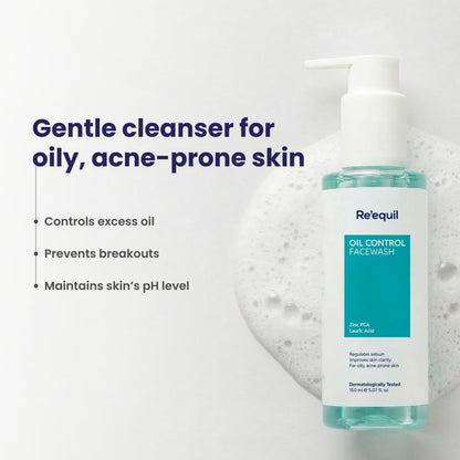 Reéguil oil control facewash bottle with text on a light gray background