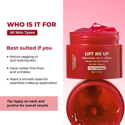 Red collagen jelly cream jar with text on a pink background