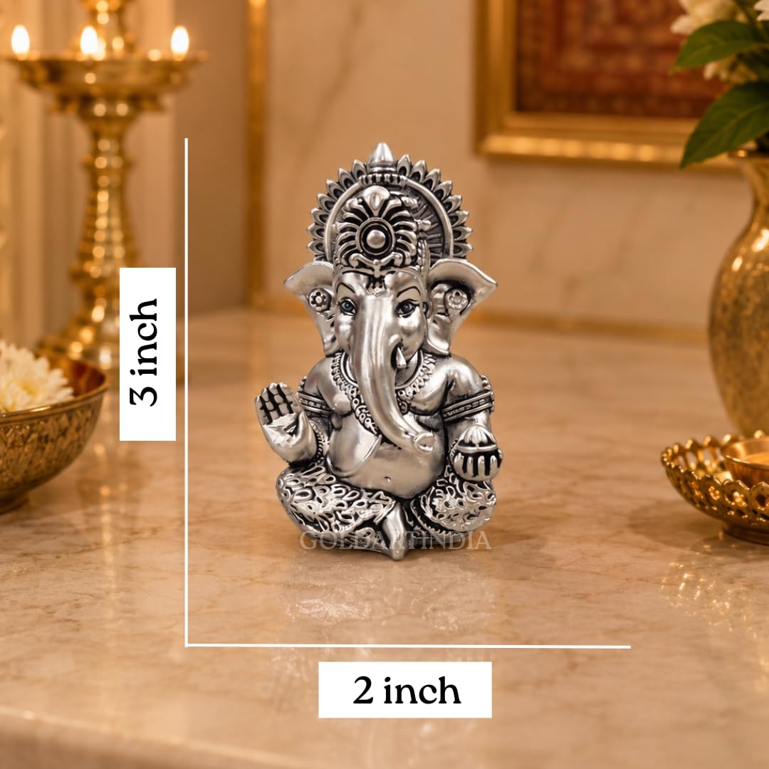 Gold Art India Ganesh Idol 999 Silver Plated Antique Matte | 3 x 2 Inch Ganesha Murti with Peacock Blue Velvet Gift Box | Home Temple, Office Desk & Spiritual Gift
