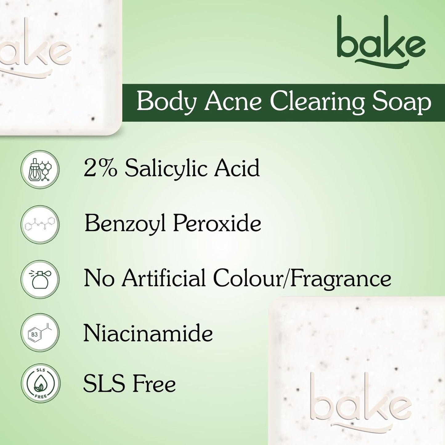 BAKE 2% Salicylic Acid Soap (2 pcs) Scrub Treatment with Niacinamide for Body & Back Acne, Reduces Strawberry Legs | Fades Dark Spots | Non Drying Formula | Soap For Men & Women | 100g x 2 (100 g (Pack of 2))