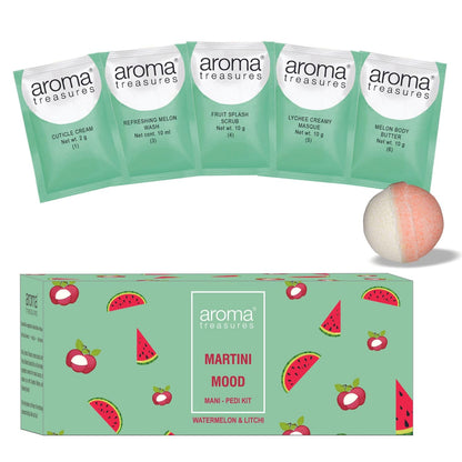 Aroma Treasures Martini Mood Mani-Pedi Kit | Watermelon & Litchi | Hydrating Spa Kit for Soft, Supple Hands & Feet | 6-Step Manicure Pedicure Kit with Bath Fizz, Scrub, Body Butter & Masque
