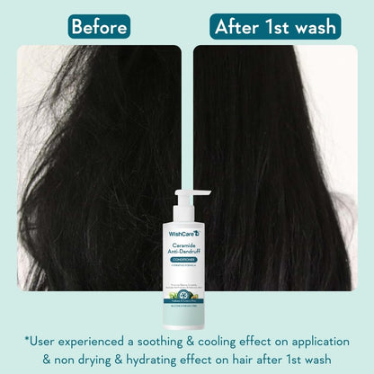Before and after comparison of hair with a bottle of WishCare shampoo on a light blue background