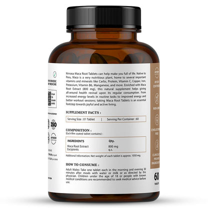 Nirvasa Maca Root Tablets 800mg (60 Tabs) | Ayurvedic Supplement for Energy, Strength, Stamina & Vitality | Supports Fertility & Hormonal Balance | For Men & Women