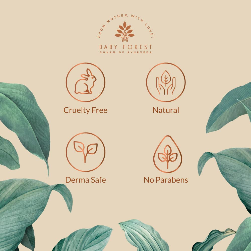 Baby Forest brand certification icons on a beige background with green leaves.