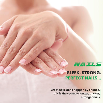 Close-up of hands with neatly manicured nails on a light background, promoting healthy nails.