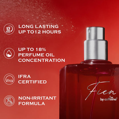 Red perfume bottle with product features on a red background