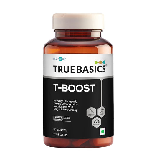 TrueBasics T-Boost supplement bottle on a white background