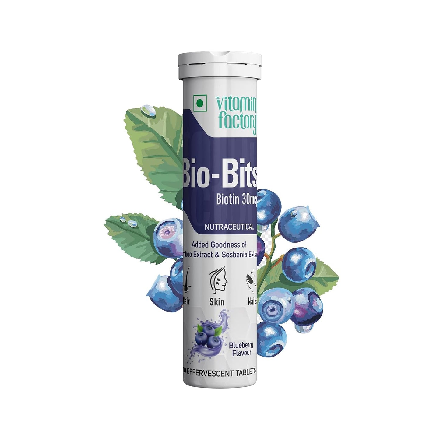 The Vitamin Factory Biotin Effervescent Tablets - Blueberry Flavor - 20 Tablets - Hair Growth, Fall & Health - Bamboo, Sesbania, Vit C, N-Acetyl L-Cysteine
