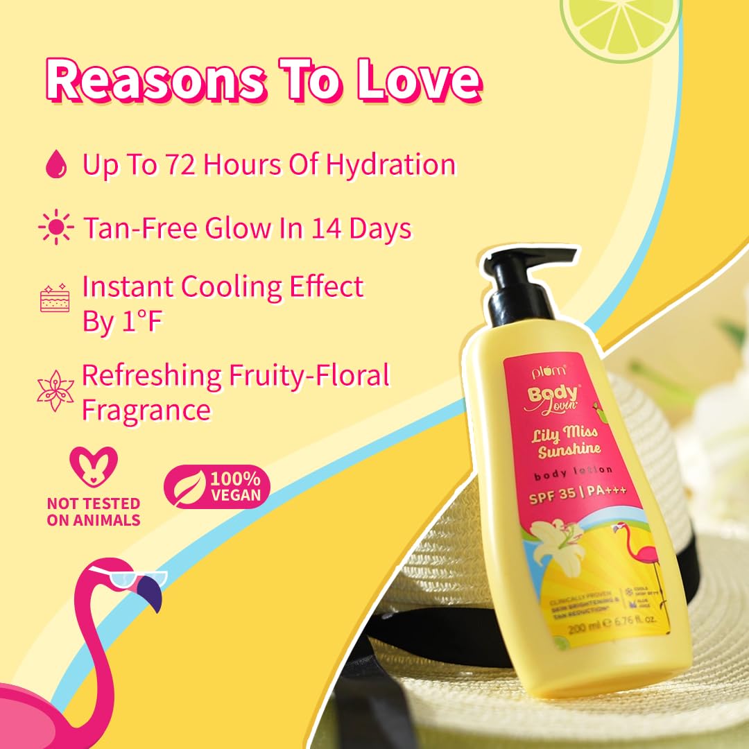 Plum BodyLovin' Lily Miss Sunshine SPF 35 PA+++ Sunscreen Body Lotion For Summers | No White Cast | Broad Spectrum UVA & UVB Protection | Aloe Juice Cools Skin by 1°| Hydrates Up to 72 Hours | Fruity Floral Fragrance - 200ml