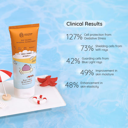 Sunscreen tube with clinical results on a blue water background