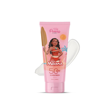 Pink sunscreen tube featuring Disney's Moana on a white background