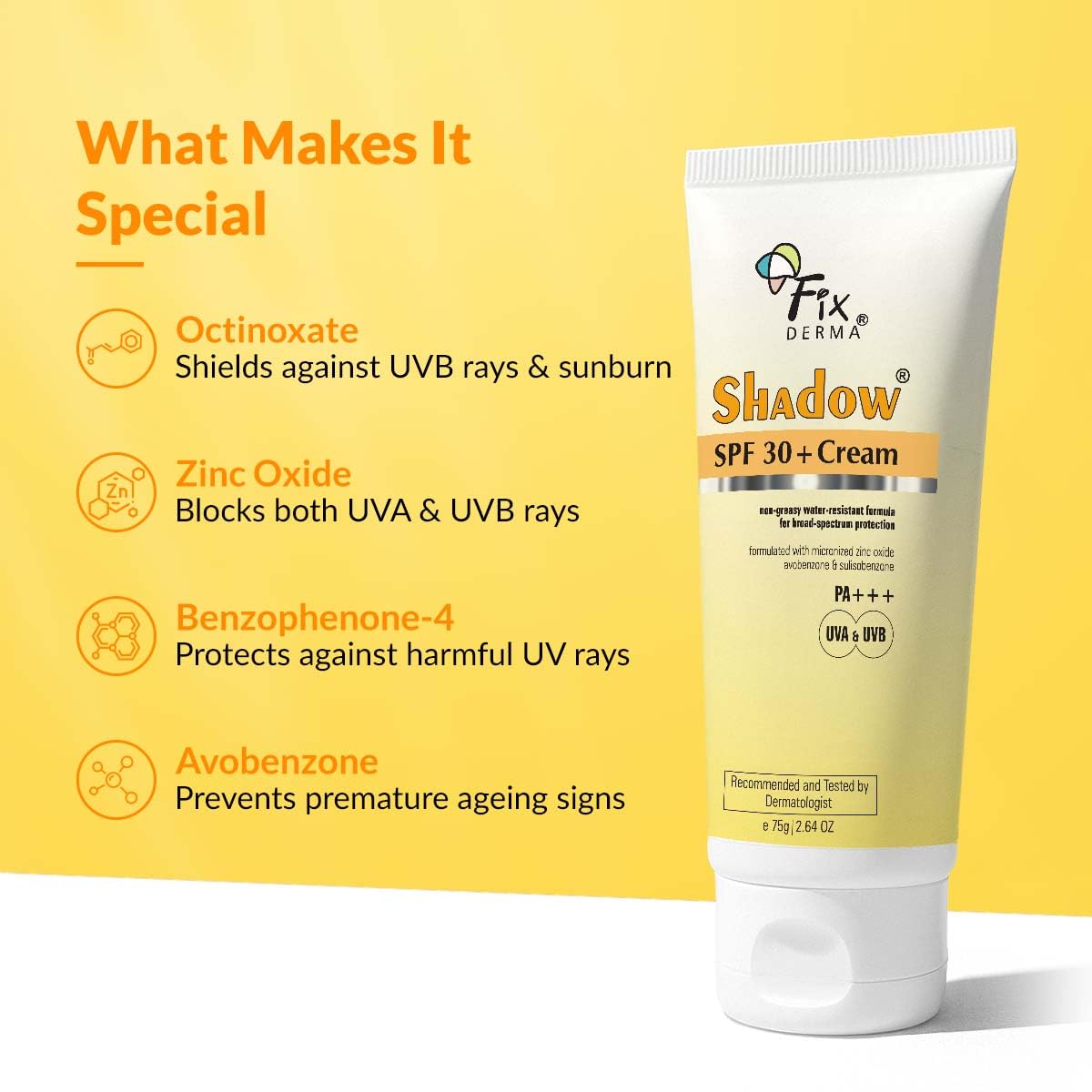 Fixderma Shadow Sunscreen SPF 30+ PA+++ Cream For Dry Skin | Broad Spectrum For UVA & UVB Protection | Non-Greasy | Water Resistant | No White Cast | Sunscreen For Dry Skin | For Men & Women | 75g
