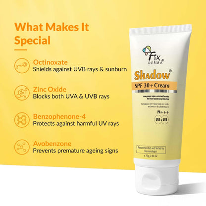 Fixderma Shadow Sunscreen SPF 30+ PA+++ Cream For Dry Skin | Broad Spectrum For UVA & UVB Protection | Non-Greasy | Water Resistant | No White Cast | Sunscreen For Dry Skin | For Men & Women | 75g