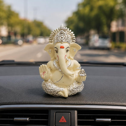 Gold Art Indiagold And Silver Plated Ganesha Idol Silver Chandan Ganesh Idol For Car Dashboard Ganesha Murti Ganpati Idol For Home Decor Puja Lord Ganesh Statue Gift For Office Desk Puja Room Figurine