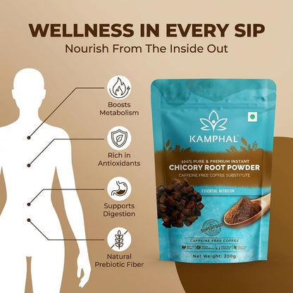 Kamphal Instant Roasted Chicory Root Powder 200g | Caffeine Free Coffee Substitute, Brew with Coffee and Other Beverages