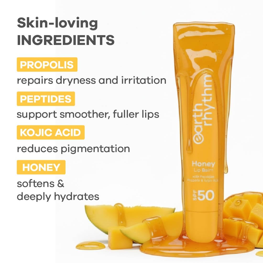 Earth Rhythm Honey Lip Balm SPF 50 Brightens Lips with Propolis, Peptides & Kojic Acid - Mango