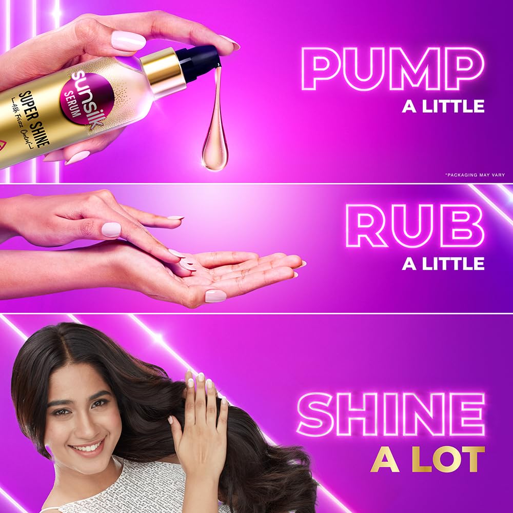 Hair care product application steps with a woman and text on a purple background