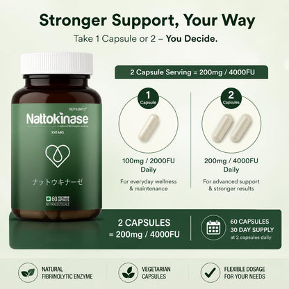 Nattokinase supplement by Nutramito, 200mg (4000 FU) per serving of 2 capsules, Natural Enzyme Supplement for Heart Health, Vitamin K–Free Formula, Supports Heart Health & Smooth Circulation