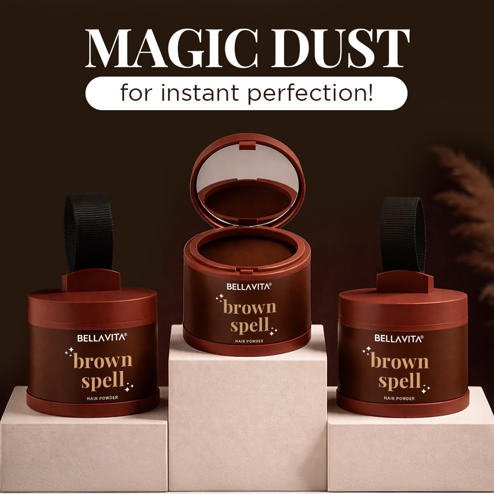 Bellavita brown spell hair powder containers on a dark background with text 'Magic Dust for instant perfection'.