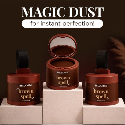 Bellavita brown spell hair powder containers on a dark background with text 'Magic Dust for instant perfection'.