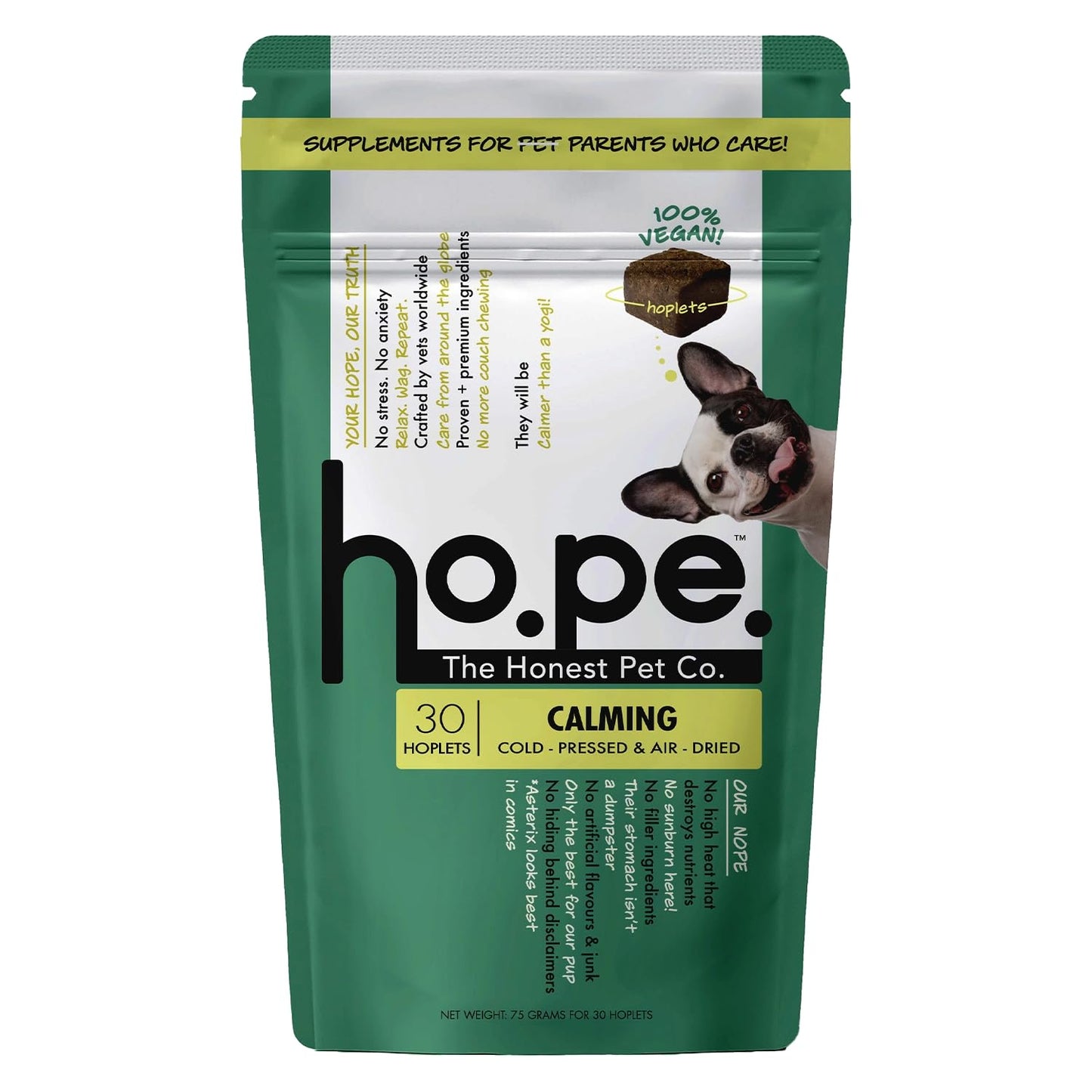 Hope Calming Chews for Dogs - 30 Vegan Hoplets | Pet Chews for Aggression, Stress & Anxiety Relief | with Ashwagandha, Magnesium | Cold Pressed, Hypoallergenic| Honest Pet Co