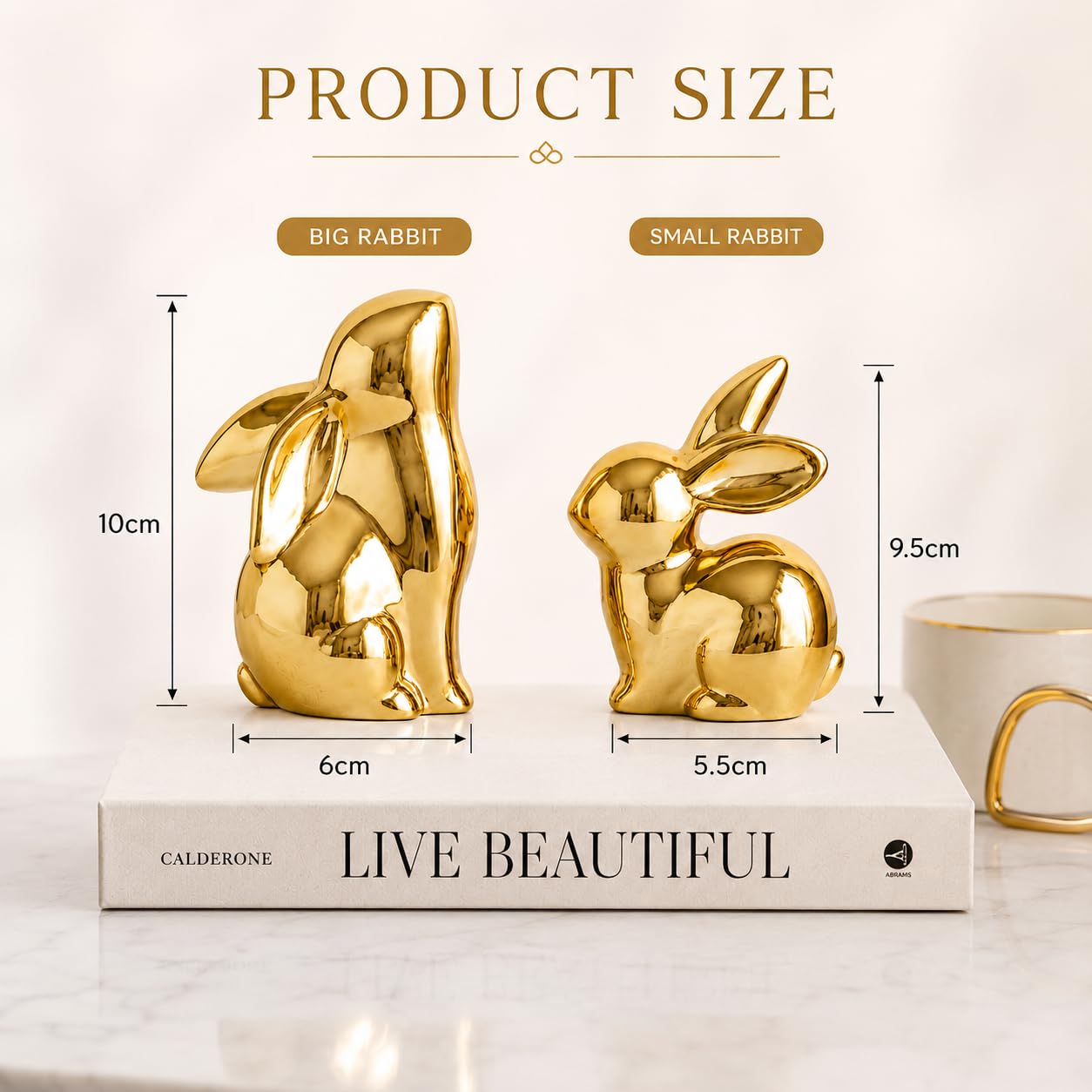 Street27 Ceramic Rabbit Figurines Set of 2, Gold Decorative Bunny Statues for Home Decor, Small Modern Animal Showpieces for Living Room, Bedroom, Office Desk, Shelf Decoration, Glossy Finish