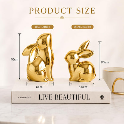 Street27 Ceramic Rabbit Figurines Set of 2, Gold Decorative Bunny Statues for Home Decor, Small Modern Animal Showpieces for Living Room, Bedroom, Office Desk, Shelf Decoration, Glossy Finish