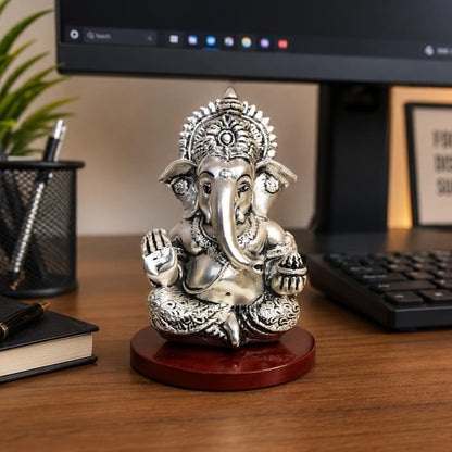 Gold Art India Ganpati Idol with Silver Antique Finish | Ganesha murti for Home Decor | Ganesh Statue for Car Dashboard | Ganpati ji murti for Puja | (MUKUTSILANTIQMATTEMDF) (3.5 x 2.5), Religious