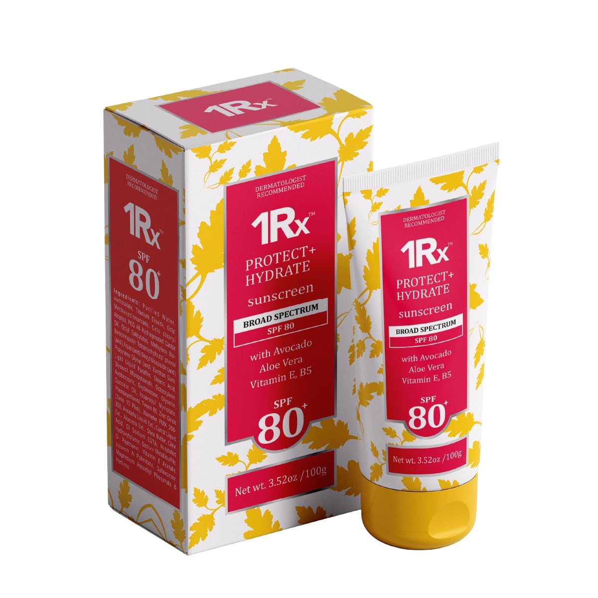 1RX sunscreen packaging with tube and box on a white background