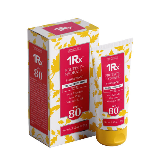 1RX sunscreen packaging with tube and box on a white background