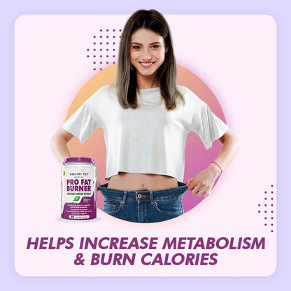 Woman holding a supplement bottle with text about metabolism and calorie burn on a colorful background