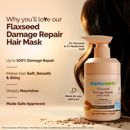 Mamaearth Flaxseed Damage Repair Hair Mask with 5% Flaxseed, 1% Hyaluronic Acid, Ceramides for Soft, Smooth, Shiny Hair - 300 ml | 100% Damage Repair | For Dry & Frizzy Hair | Sulphate & Paraben Free