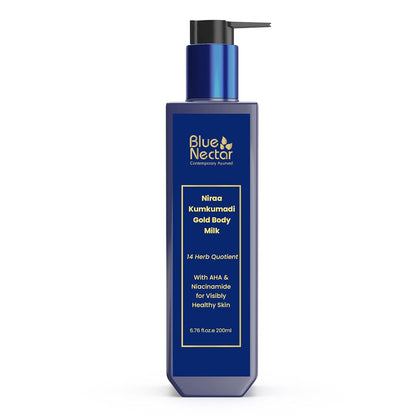 Blue Nectar Gold Body Milk for Women & Men | Body Lotion with Plant Based AHA & Niacinamide | Moisturizer for Body | All Skin Types (14 Herbs, 200ml)