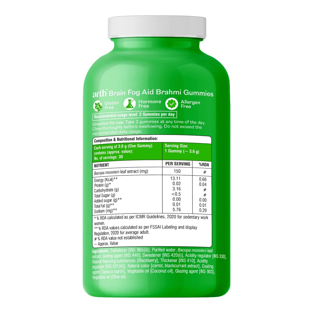 Arth Brahmi Gummies for Memory, Focus, Concentration & Brain Fog Support - 30 Capsules for Men & Women | Bacopa Monnieri Supplement | Enhanced Absorption for Mental Clarity, Alertness & Positive Mood