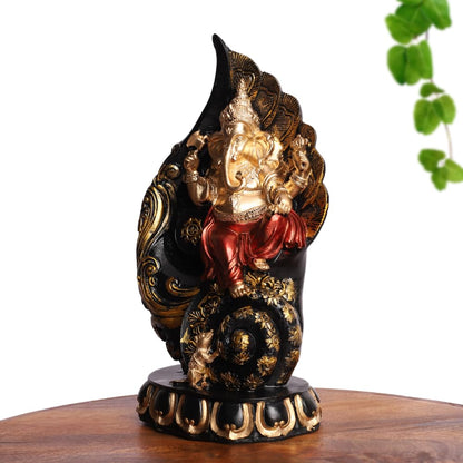 Ganpati Idol Statue | Polyresin Seated on Shankh Design with Red Robe | Showpiece for Mandir, Table, Home Decoration