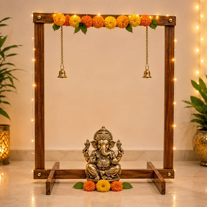 Foldable Wooden Mandap for Ganpati Decoration | Folding Ganpati Mandap for Home Pooja, Ganesh Chaturthi, Janmashtami, Navratri & All Festival Decoration | Wooden Backdrop Stand (Brown) (30 × 36 Inch)
