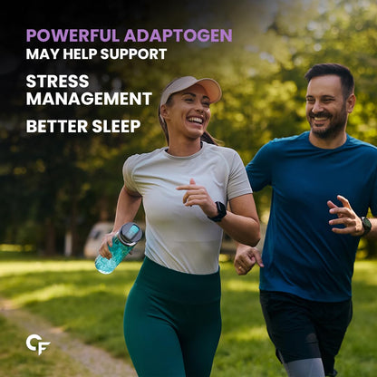 Two people running outdoors with text about powerful adaptogens and their benefits.