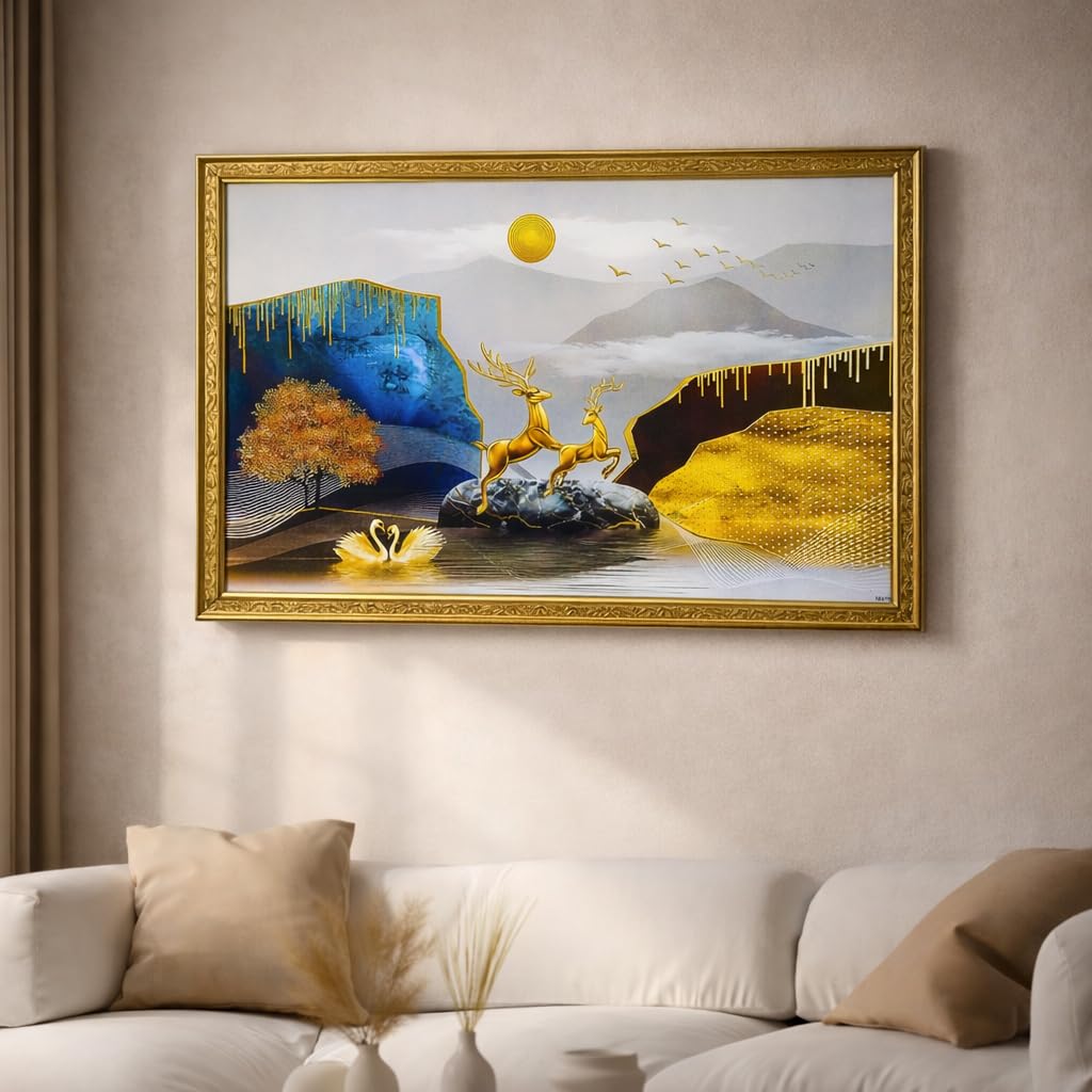 Abstract art Framed Golden Foil 3D Style Landscape Painting | Ready to Hang (14 x 20 inches, Multicolor)