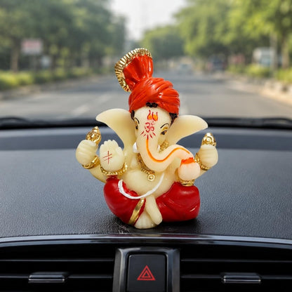 Gold Art India Polyresin Lord Ganesha Idol for Car Dashboard, Home, Office | Ganpati Statue for Mandir Decor | Handcrafted Ganesh Murti (2 x 2.5 inch, Red & Orange)