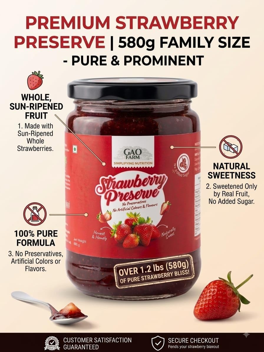 GAO FARM Natural Strawberry Jam & Preserve 580g | No Added Sugar, Vegan & Gluten Free | 100% Real Strawberries & Apple Juice | No Preservatives | Toast, Breakfast & Baking Spread (580)