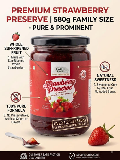 GAO FARM Natural Strawberry Jam & Preserve 580g | No Added Sugar, Vegan & Gluten Free | 100% Real Strawberries & Apple Juice | No Preservatives | Toast, Breakfast & Baking Spread (580)