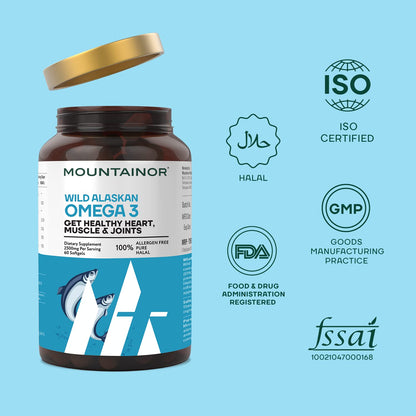 Mountainor Wild Alaskan Omega 3 supplement bottle with certification logos on a blue background