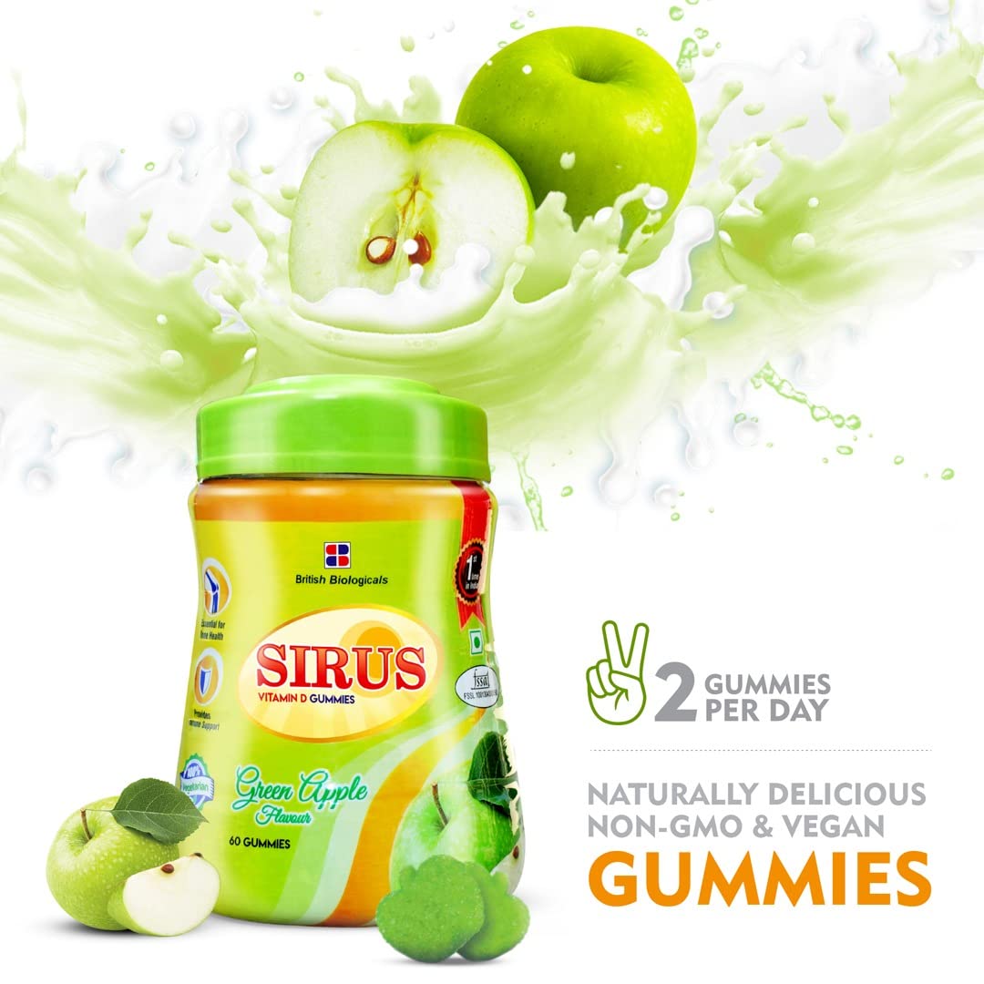 Sirus green apple gummies with apples and a splash of juice on a white background